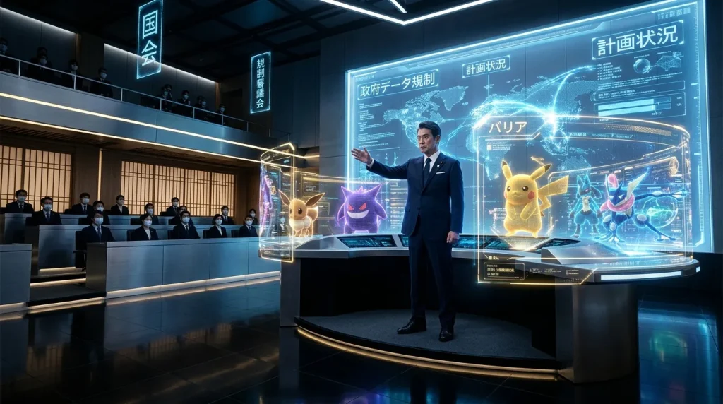 Homme en costume présentant hologrammes Pokémon devant assemblée