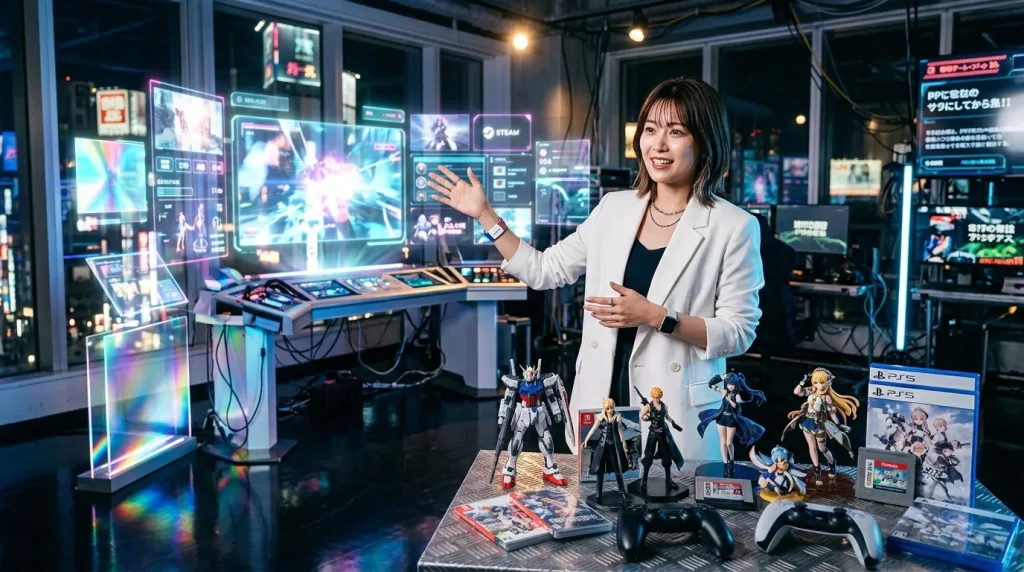 Femme présente jeux vidéo dans showroom high-tech