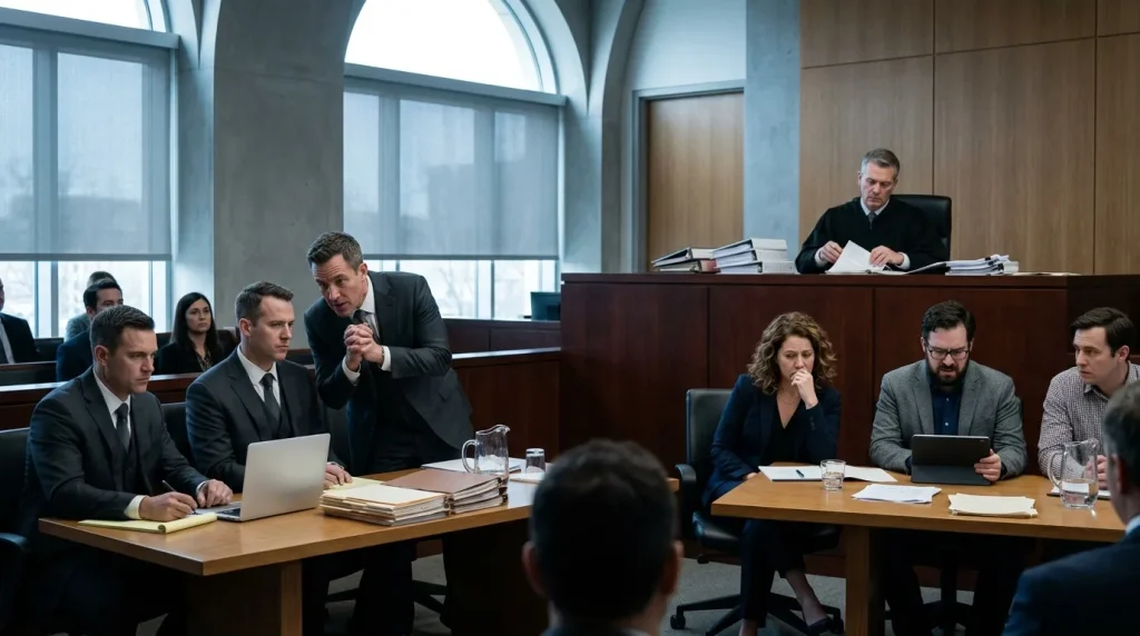 Avocats et juge dans une salle de tribunal moderne