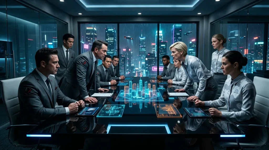 Équipe professionnelle autour table holographique interactive