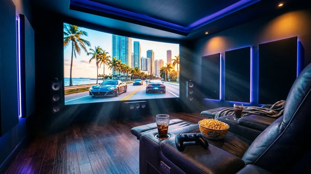 Cinéma privé avec écran géant, sièges cuir et éclairage bleu