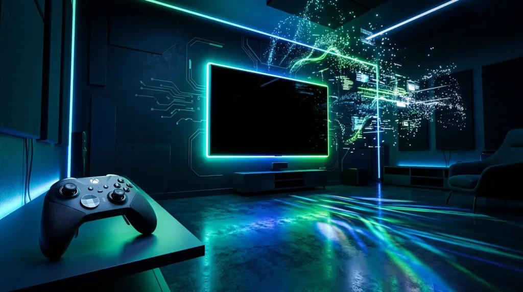 Manette de jeu devant écran neon dans salle high-tech