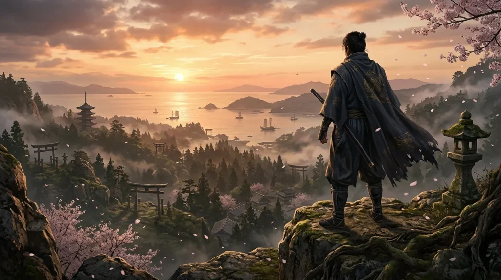 Guerrier samouraï observant paysage montagneux brumeux au coucher soleil