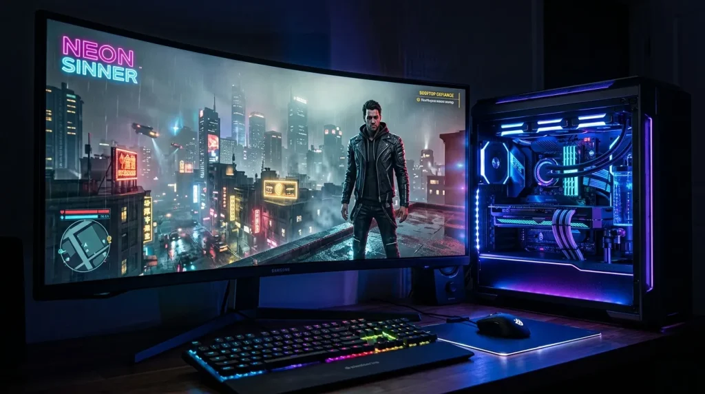 Bureau gamer avec écrans, PC RGB et jeu vidéo cyberpunk