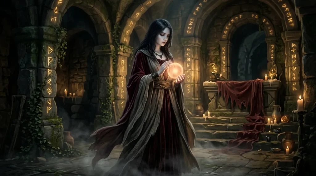 Femme en robe magique tenant une sphère lumineuse dans un temple ancien