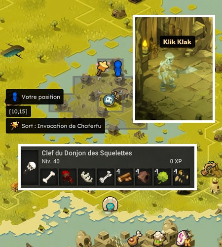 Position du donjon des Squelettes et recette de la clé