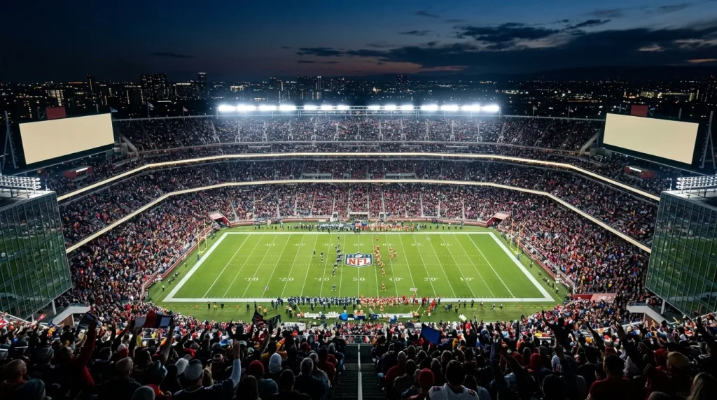 Grand stade de football américain avec foule et terrain illuminé