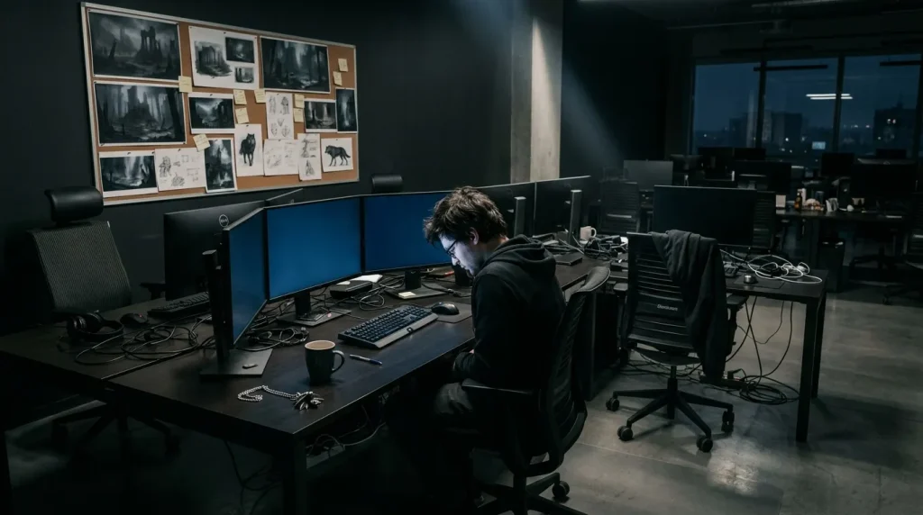 Développeur travaillant seul dans un bureau sombre illuminé