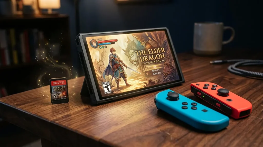 Nintendo Switch affichant The Elder Dragon avec manettes bleue et rouge