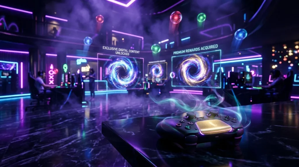 Contrôleur de jeu dans métaverse cyberpunk avec récompenses numériques