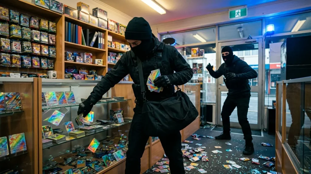 Trois cambrioleurs pillent une boutique de cartes pokémon la nuit