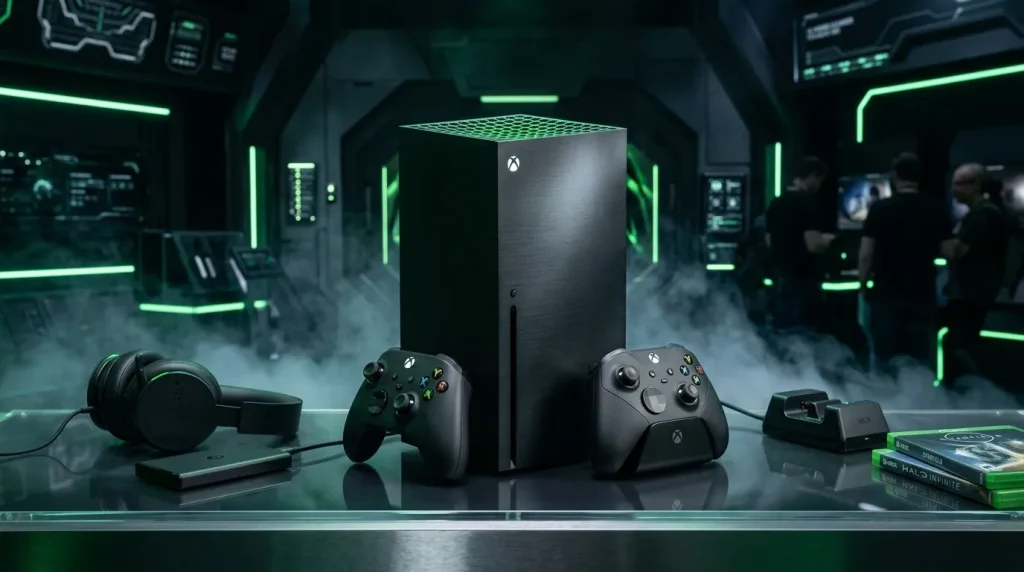 Console Xbox Series X entourée de contrôleurs et accessoires
