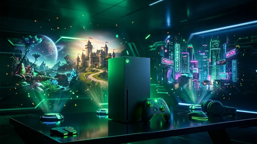 Console Xbox verte avec accessoires gaming et décor néon cyberpunk
