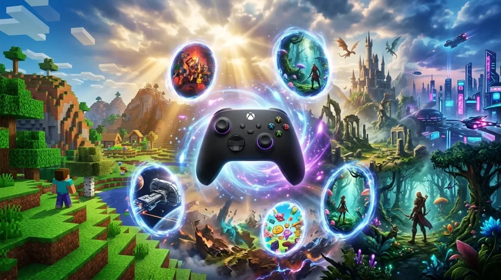 Manette Xbox entourée de mondes de jeux fantastiques et colorés
