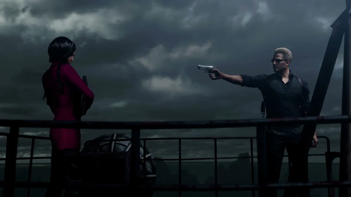 Albert Wesker pointant une arme vers Ada Wong sur le pont d'un navire sous un ciel orageux dans Resident Evil 4 Separate Ways