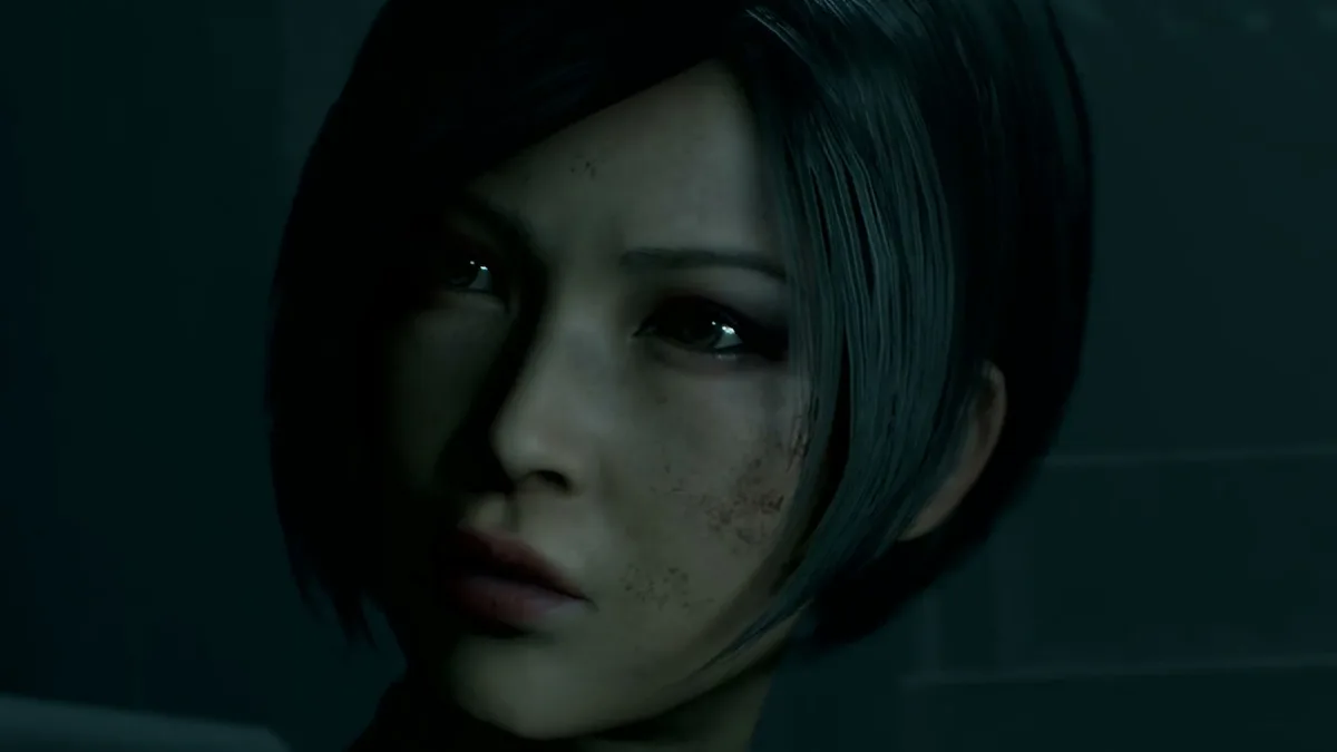 Gros plan sur le visage d'Ada Wong dans la pénombre dans Resident Evil 2 (2019)