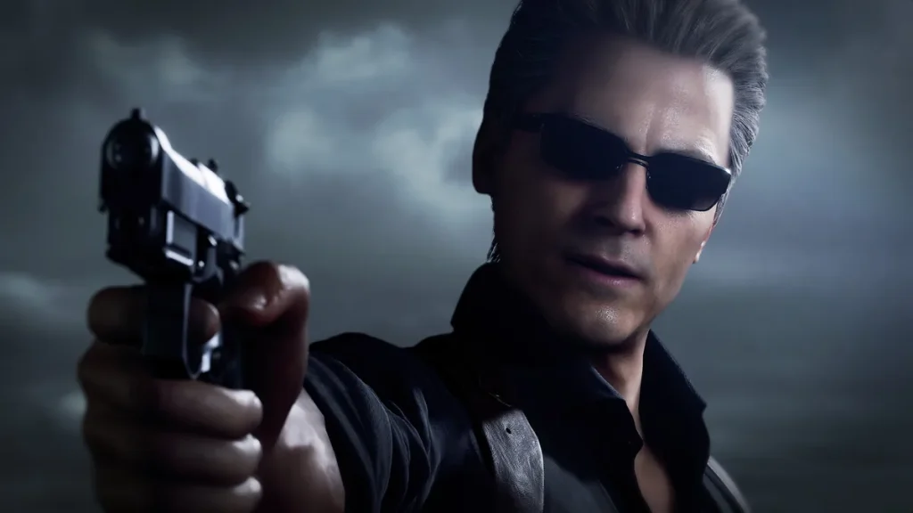 Albert Wesker, lunettes de soleil sur le nez, braquant un pistolet dans Resident Evil 4 Separate Ways