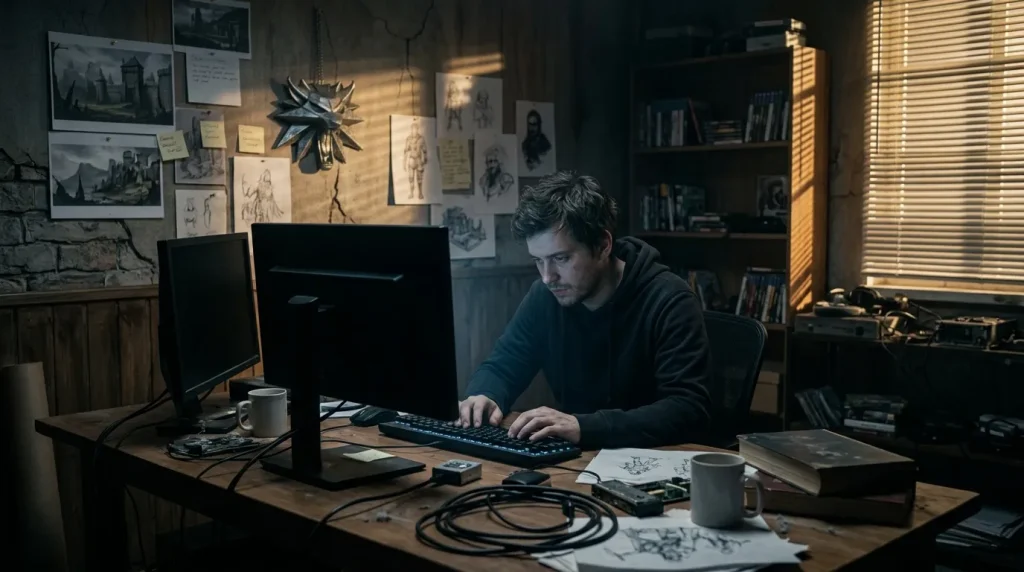 Homme travaillant sur ordinateur dans un atelier artistique illuminé