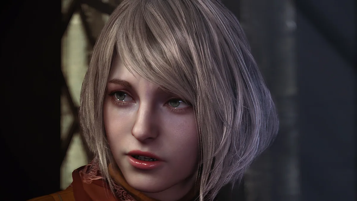 Gros plan sur le visage d'Ashley Graham, cheveux blonds courts, dans Resident Evil 4 (2023)
