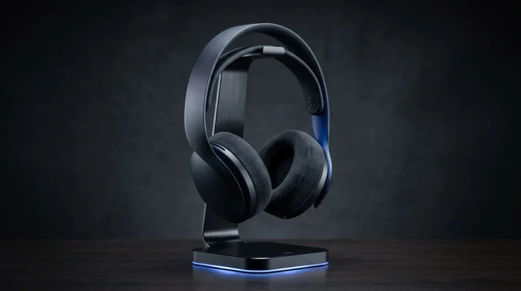 Casque audio sans fil sur stand avec LED bleue