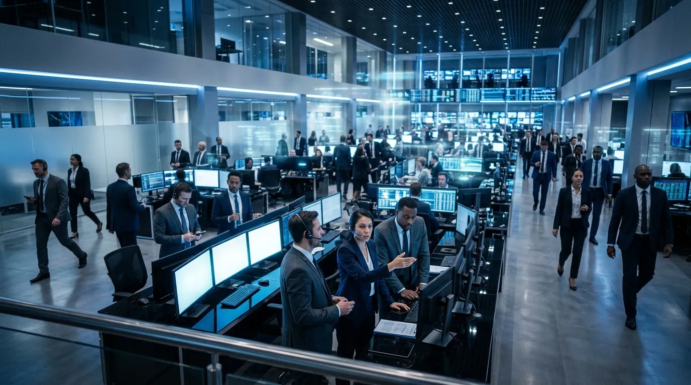 Professionnels en costumes travaillant dans salle de trading high-tech