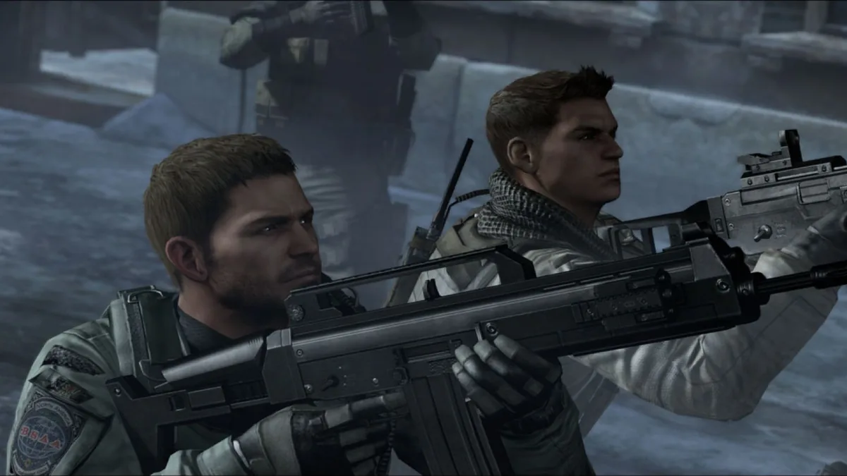 Chris Redfield et un équipier de la BSAA armés de fusils d'assaut dans la neige dans Resident Evil 6