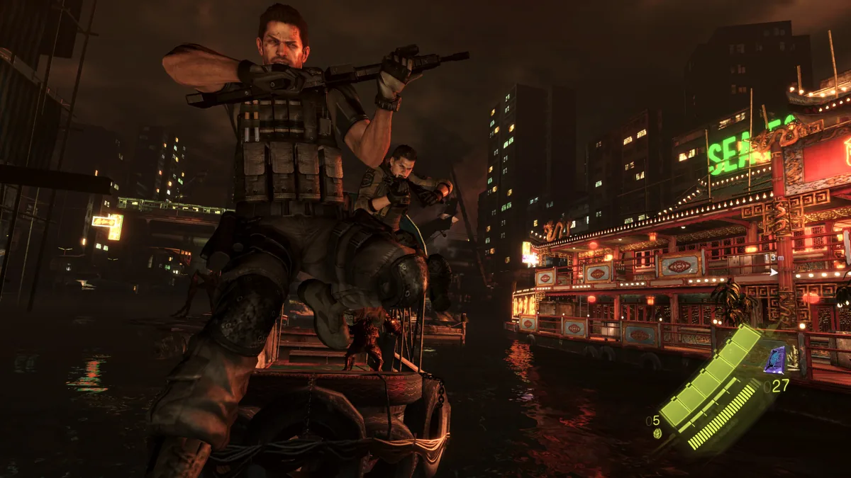 Chris Redfield debout sur un bateau, fusil en main, devant les néons de Lanshiang dans Resident Evil 6