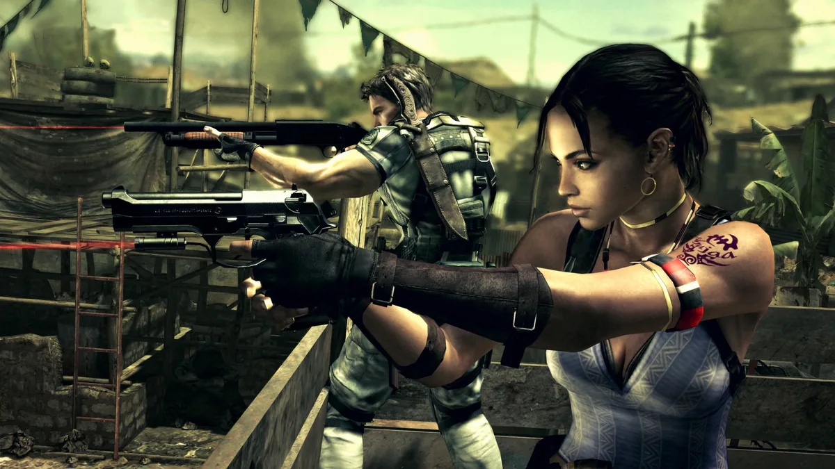 Chris Redfield et Sheva Alomar armés et en position de tir dans un village africain de Resident Evil 5