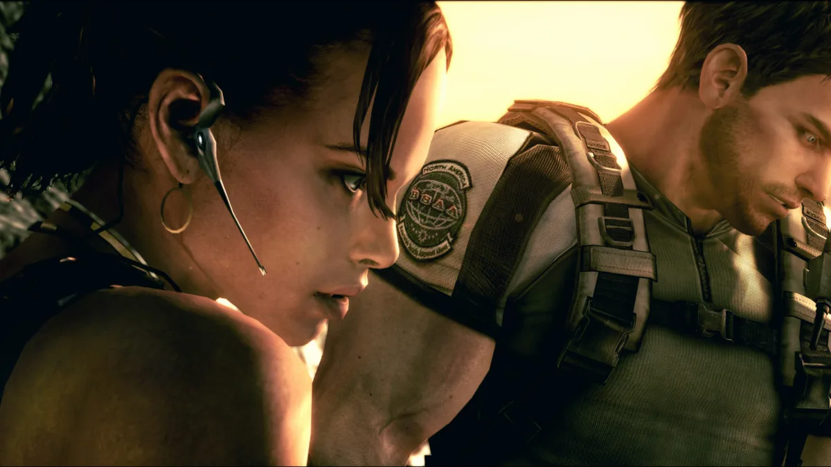 Chris Redfield et Sheva Alomar, côte à côte, au coucher du soleil dans Resident Evil 5