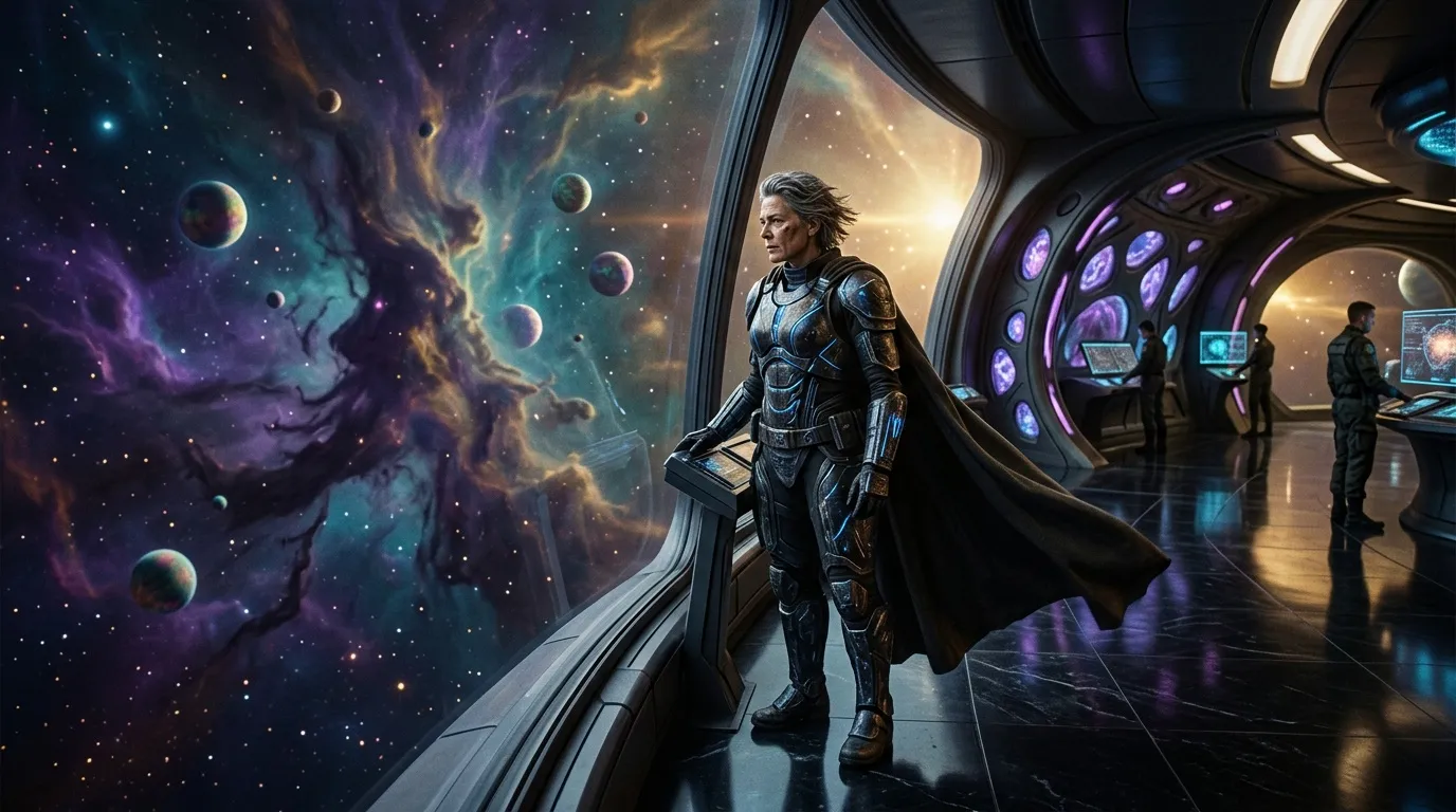 Officier en armure futuriste contemplant l'espace depuis un vaisseau