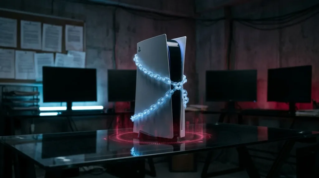 PlayStation 5 entourée de chaînes lumineuses bleues dans un environnement high-tech
