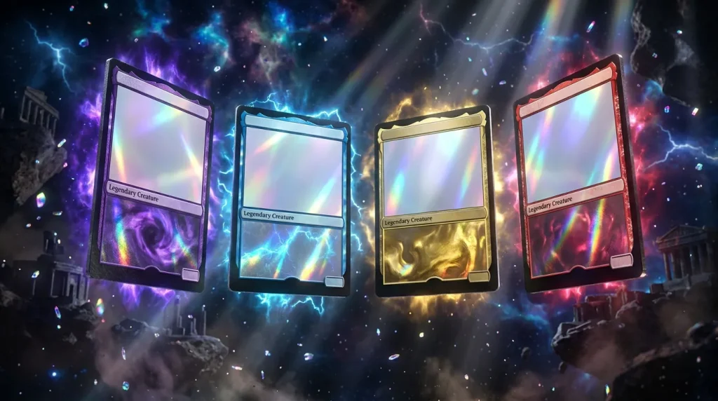 Quatre cartes légendaires avec bordures colorées et effets magiques lumineux
