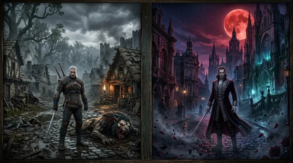 Guerrier et vampire face à leurs mondes respectifs contrastés