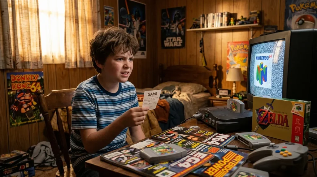 Jeune garçon examenant une collection de jeux Nintendo vintage