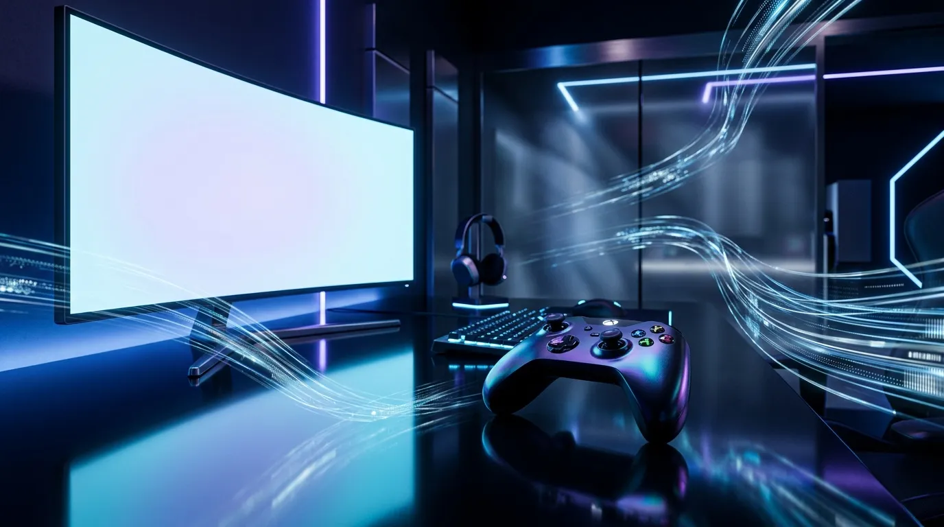 Setup gaming ultramoderne avec écran, contrôleur et néons bleus