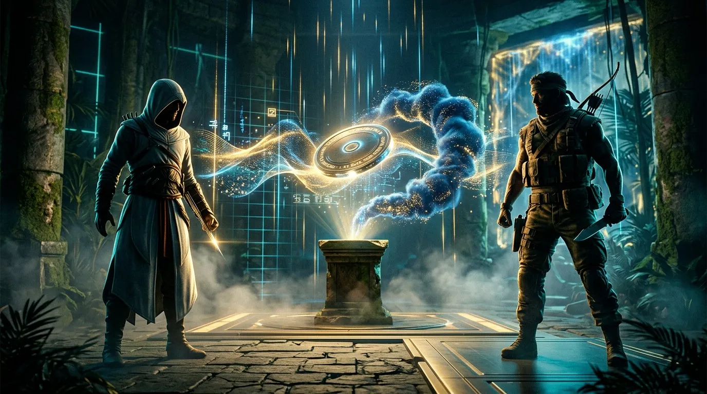 Deux guerriers face à un artefact lumineux magique futuriste