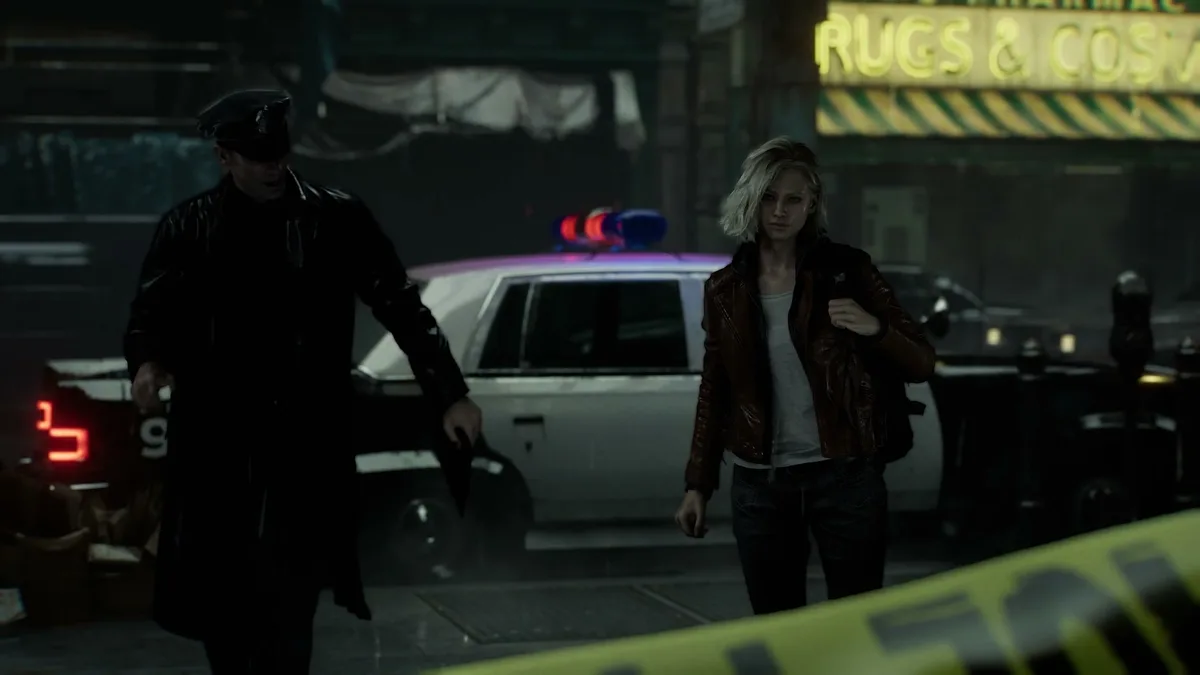 Grace Ashcroft face à un policier près d'une voiture de patrouille de nuit dans Resident Evil Requiem