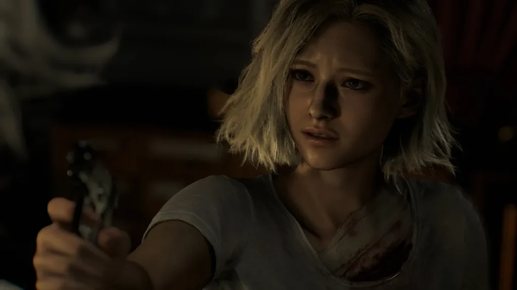Grace Ashcroft, cheveux blonds, visage marqué, pointant un pistolet dans Resident Evil Requiem