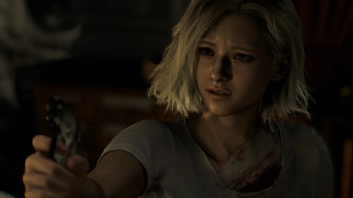 Grace Ashcroft, cheveux blonds, visage marqué, pointant un pistolet dans Resident Evil Requiem