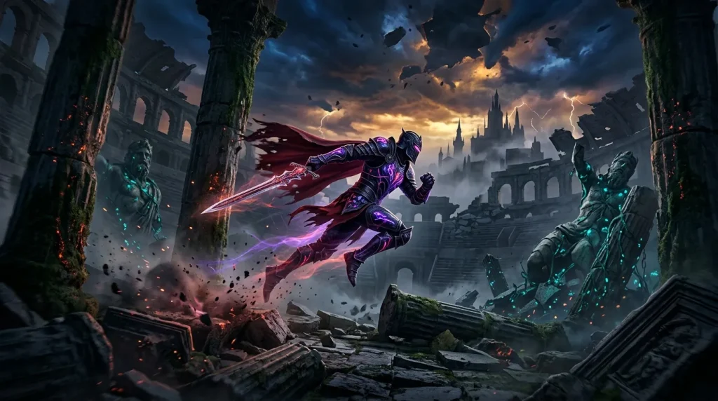 Chevalier violet avec épée magique survolant ruines antiques
