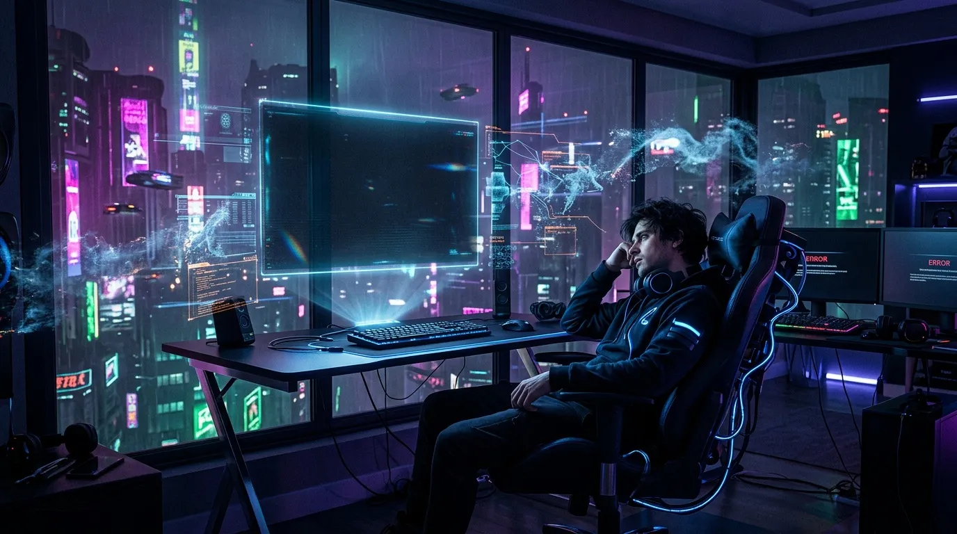 Homme assis devant écran dans bureau futuriste illuminé