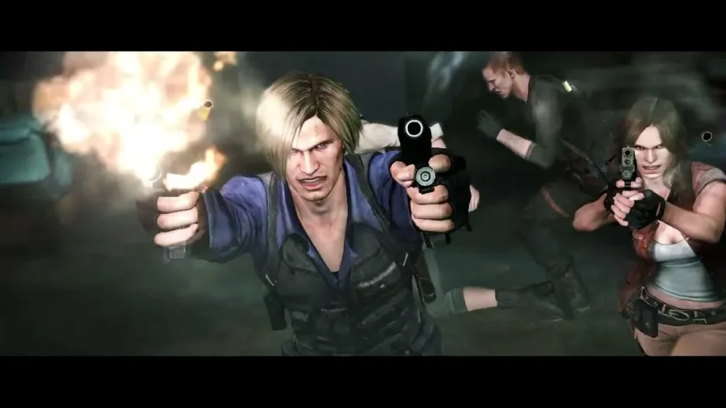 Leon S. Kennedy et Helena Harper tirant côte à côte de nuit dans Resident Evil 6