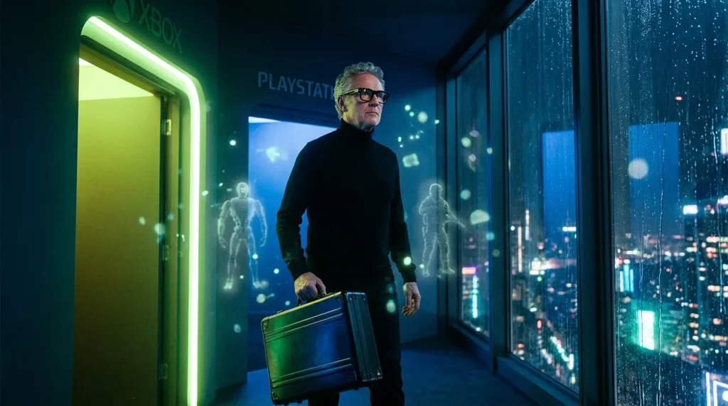 Homme portant mallette néon dans ville high-tech