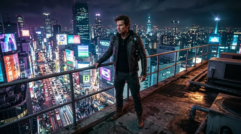 Homme vêtu de noir sur toit dominant paysage urbain néon