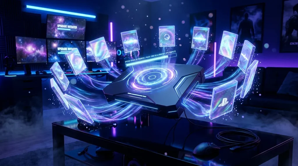 Console PlayStation avec hologrammes et cartes de jeu numériques