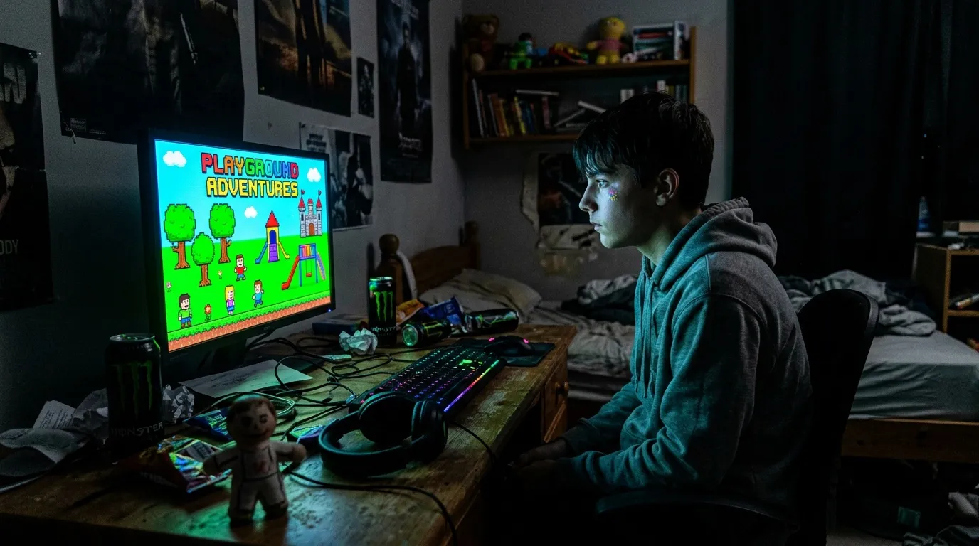 Adolescent jouant à Playground Adventures sur ordinateur de bureau