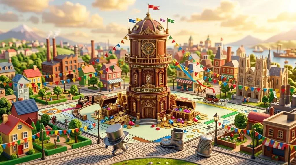 Tour victorienne dorée au centre d'une ville miniature colorée