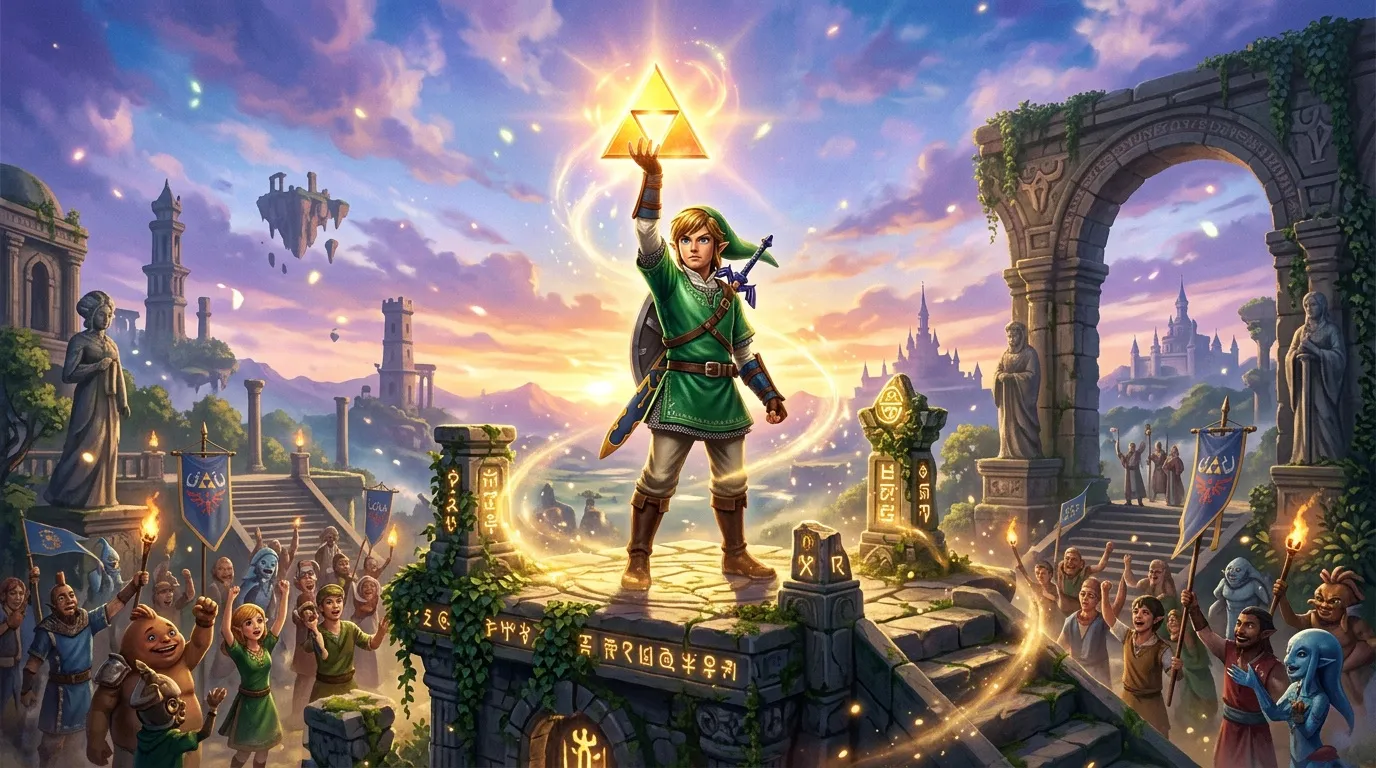 Jeune guerrier levant une Triforce dorée brillante, foule acclamant