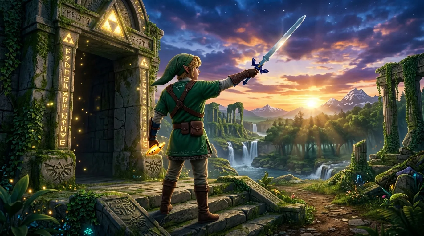 Jeune héros en vert brandissant une épée magique face aux ruines