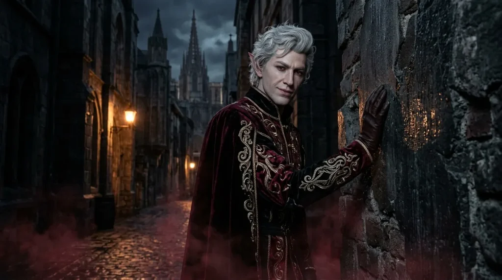 Homme aux cheveux blancs en costume rouge medieval, rue sombre